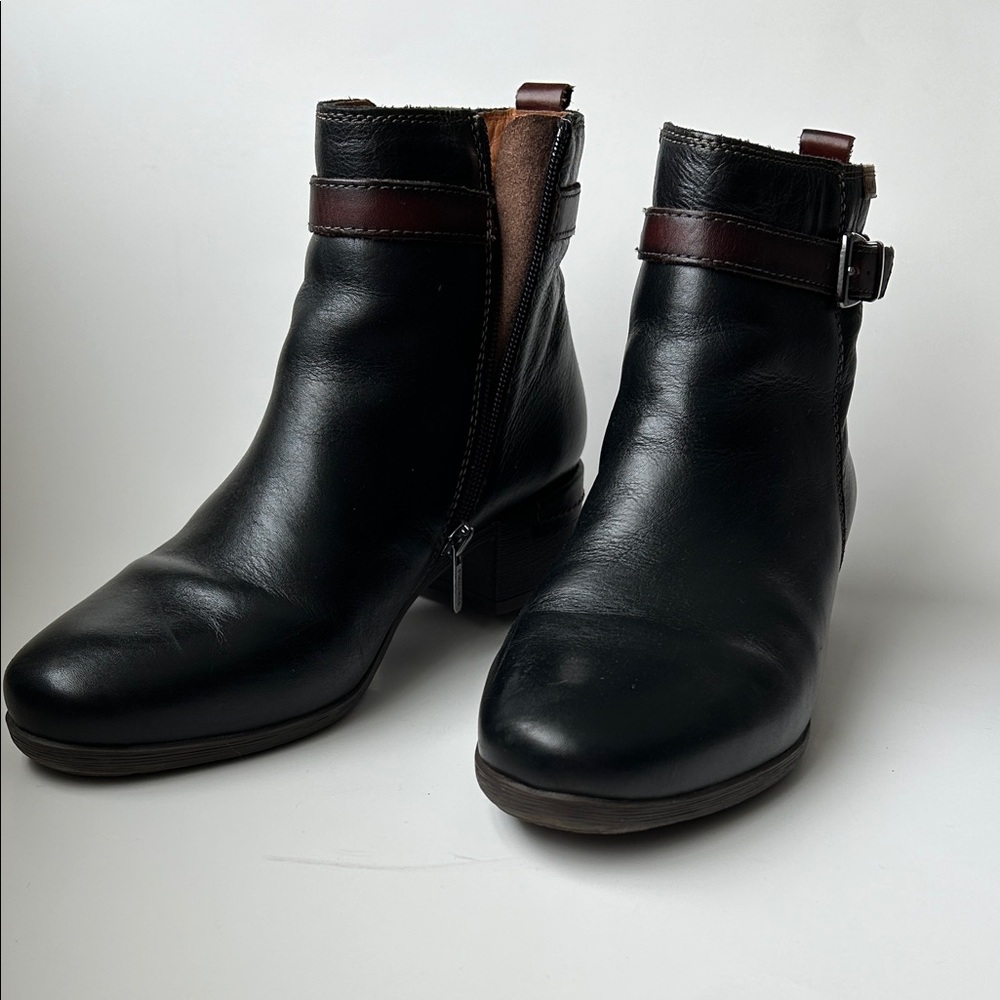 PIKOLINOS Malaga Black Leather Ankle Boots with Brown Strap